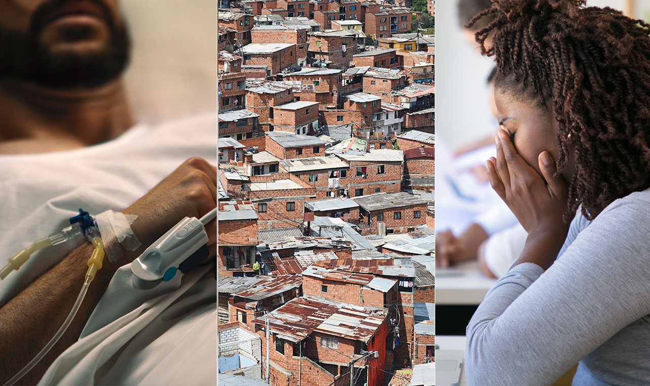 Três fotografias justapostas lado a lado em que uma delas mostra um homem em internação hospitalar, outra mostra casas em uma favela e por fim, outra fotografia de uma mulher negra com as mãos sobre o rosto, demonstrando tristeza.
