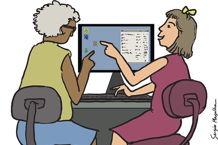 Ilustração representando uma pessoa idosa e uma mulher jovem, ambas em frente ao computador desktop, em uma aula de computação.