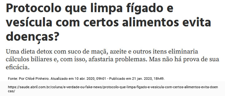 Imagem fictícia com texto recebido pelo personagem com a seguinte chamada: Protocolo que limpa fígado e vesícula com certos alimentos evita doenças? Uma dieta detox com suco de maçã, azeite e outros itens eliminaria cálculos biliares e, com isso, afastaria problemas. Mas não há prova de sua eficácia. Por Chloé Pinheiro. Atualizado em 10 abr. 2020, 09h01 - Publicado em 21 jan. 2020, 18h49.