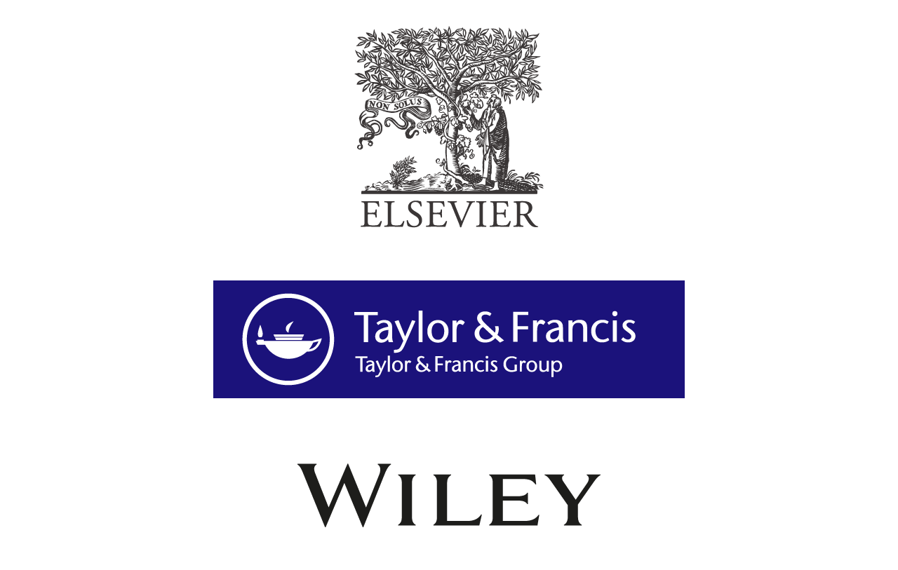 Logos das editoras acadêmicas: Elsevier, Taylor & Francis e Wiley.
