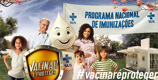 Imagem com 3 crianças, um idoso e uma grávida, juntos, com o personagem Zé Gotinha. Na imagem lê-se: 'Programa Nacional de Imunizações' e 'Vacinar é Preciso'.