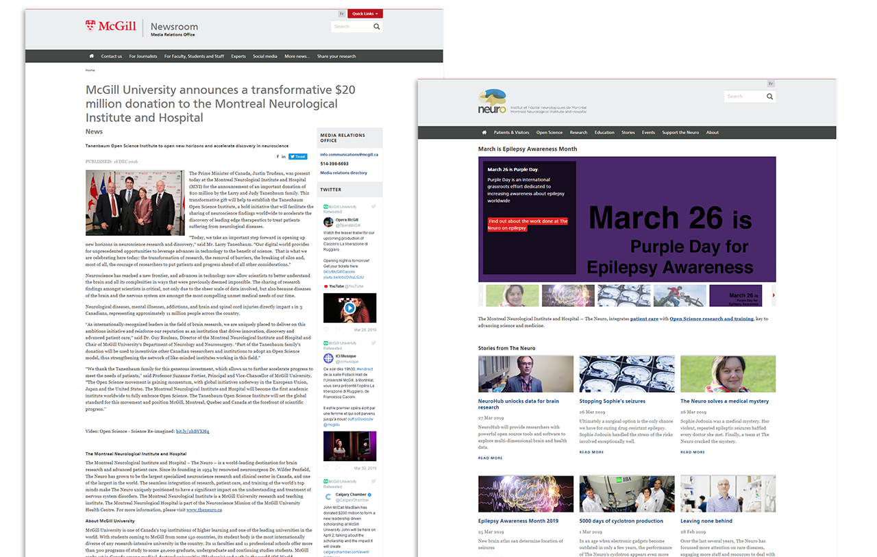 Montagem com telas dos sites da universidade McGill (à esquerda) e do programa The Neuro (à direita), da mesma universidade