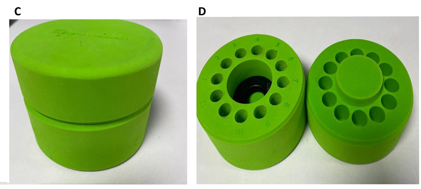 Dois containers para congelamento celular do tipo Mr. Frosty™, com e sem o uso de alcool isopropílico respectivamente. 