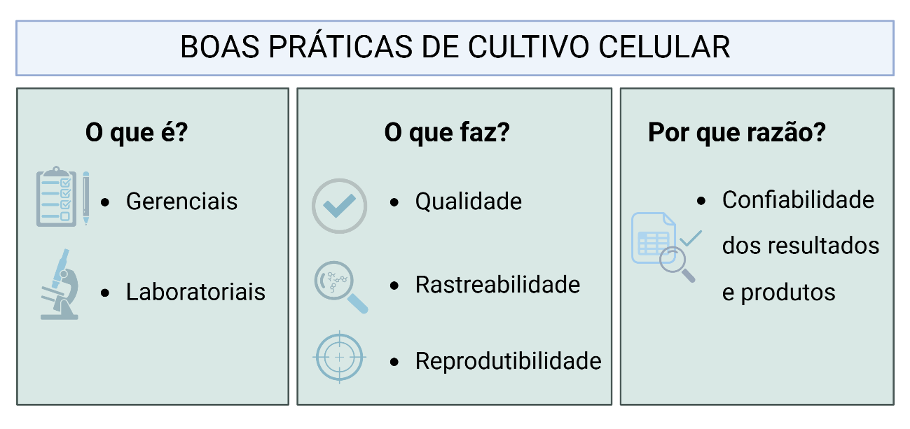 Esquema sobre boas práticas de cultivo celular, destacando práticas gerenciais e laboratoriais para qualidade e confiabilidade.