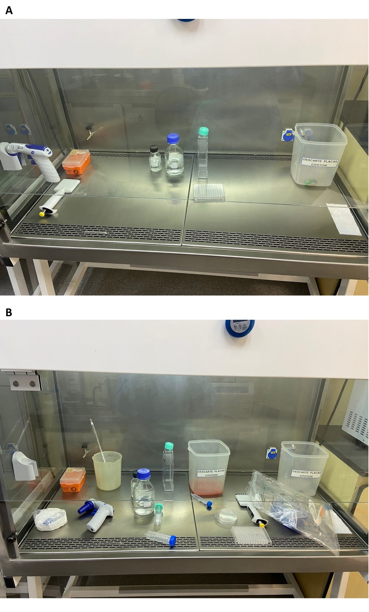 Comparação entre uma cabine de segurança biológica organizada (A) e desorganizada (B), destacando a importância da técnica asséptica.