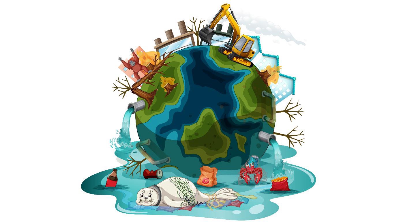  Ilustração de um planeta Terra poluído. Sobre o planeta, há fábricas com chaminés soltando fumaça, máquinas escavadeiras, árvores secas e queimadas, e construções urbanas. Canos despejam água poluída ao redor do planeta, formando poças contaminadas com lixo, como garrafas, latas e sacos plásticos. No solo, um selo está preso em uma rede e em um aro de plástico, e um caranguejo se encontra próximo a embalagens descartadas. A imagem simboliza os impactos da poluição e da degradação ambiental causados pela ação humana.​