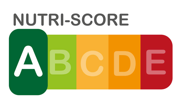 Figura ilustrativa do Nutri-Score, a letra A está destacada na cor verde escuro, o B está na cor verde claro, o C em amarelo, D em laranja e o E na cor vermelha.