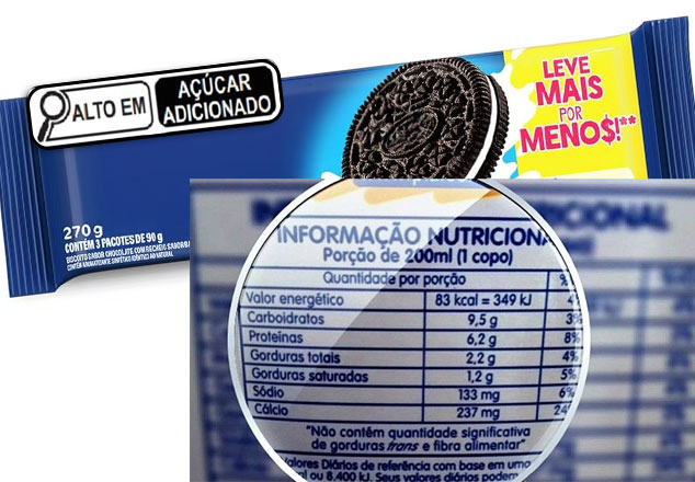 Foto de um pacote de biscoito, um pacote azul, com o desenho de um biscoito preto com recheio branco, também está escrito: “Leve mais por menos”, em detalhes na parte de trás do biscoito, uma tabela com a informação nutricional do pacote.