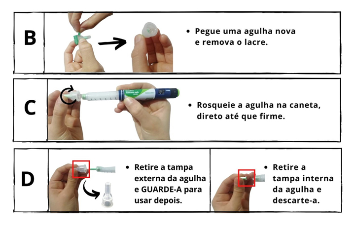 Pegue uma agulha nova e remova o lacre, rosqueie a agulha na caneta, direto até que fique firme, retire a tampa externa da agulha e guarde-a para usar depois, retire a tampa interna da agulha e descarte-a.