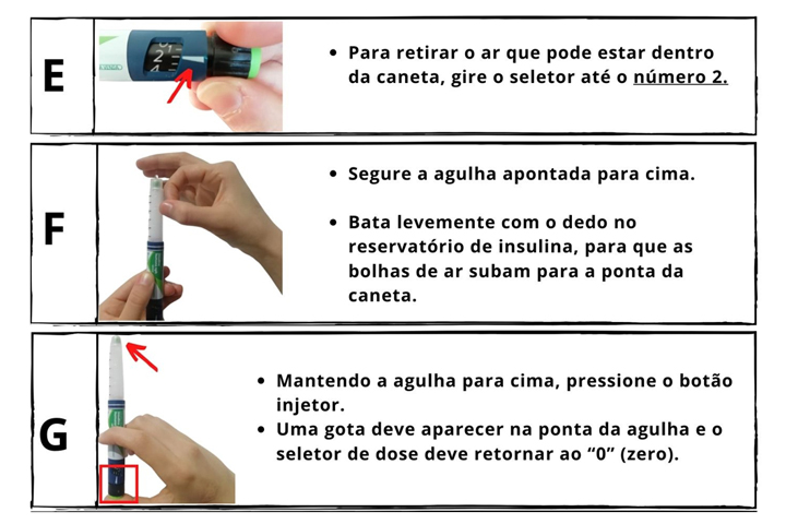 Para retirar o ar que pode estar dentro da caneta, gire o seletor até o número 2, segure a agulha apontada para cima, bata levemente com o dedo no reservatório de insulina, para que as bolhas de ar subam para a ponta da caneta, e então mantendo a agulha para cima, pressione o botão injetor, uma gota deve aparecer na ponta da agulha e o seletor de dose deve retornar ao zero.