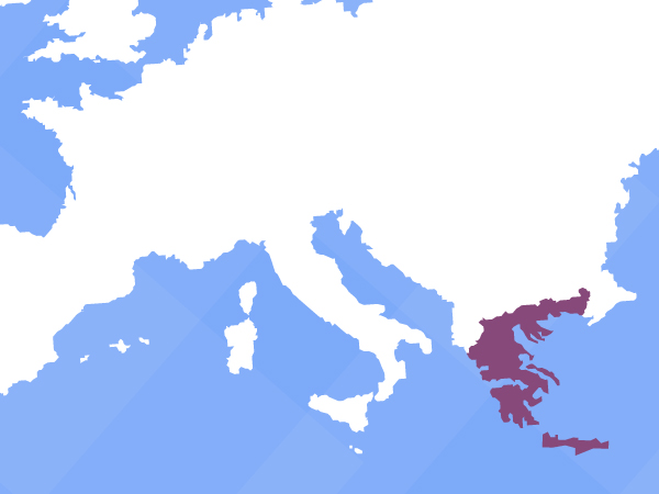 Mapa em cor branca da Europa Peninsular – Península Ibérica, Península Balcânica e Península Itálica. Em destaque, na cor roxa, o território da Grécia Antiga. O oceano está representado em cor azul.