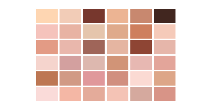 Cor da pele – Preto, pardo, amarelo, indígena, branco? Paleta de cores com diferentes tons (rosado, marrom, preto, bege), representando os diferentes tons de pele.