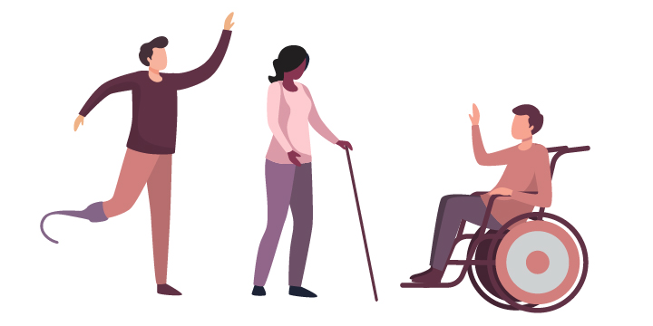 Pessoa com deficiência – Pessoa com alguma deficiência ou não? Homem amputado com próteses em membro inferior direito, mulher utilizando uma bengala e pessoa utilizando cadeira de rodas.