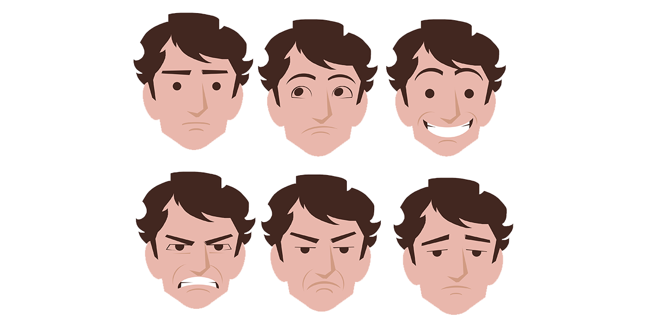  Ilustração colorida  de várias faces do mesmo homem formando duas linhas com três reações  diferentes. Cada rosto mostra uma expressão emocional como indiferença, medo, felicidade, raiva, preocupação e tristeza.