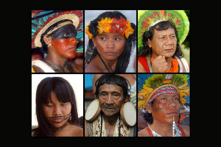 Seis diferentes fotografias de rostos de indígenas de diferentes etnias, usando diferentes adereços na cabeça, pescoço, boca e orelhas e diferentes pinturas faciais.