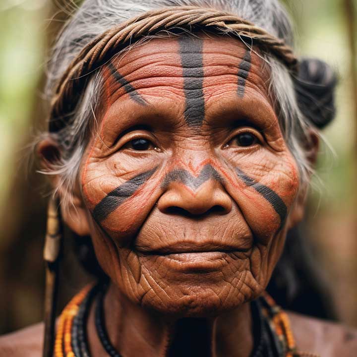 Fonte: Freepik Fotografia de uma mulher indígena idosa com cabelos grisalhos, olhos pretos e face com rugas. Possui a testa, bochecha e nariz pintados com traços verticais e horizontais na cor preta. Usa uma tiara de sisal na cabeça e colares nas cores preta, amarela e laranja.