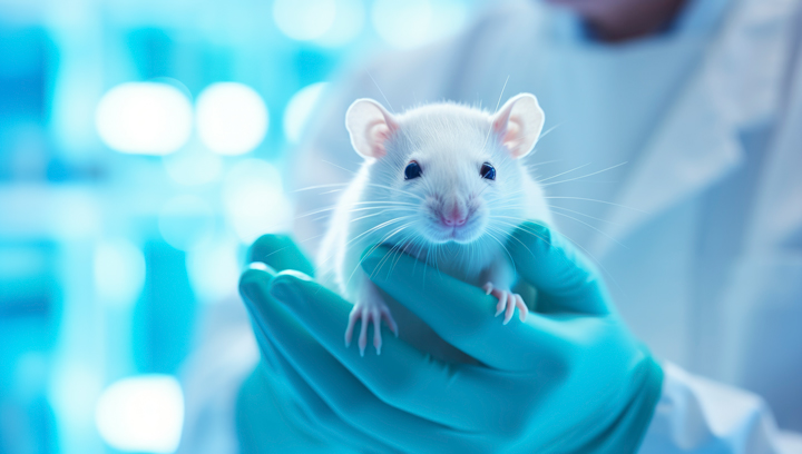 Fonte: Portal Geladés Fotografia de um rato branco de laboratório em primeiro plano. Em segundo plano, o tronco de uma pessoa que usa um jaleco branco e luvas azuis e segura, com as duas mãos, o rato de laboratório.