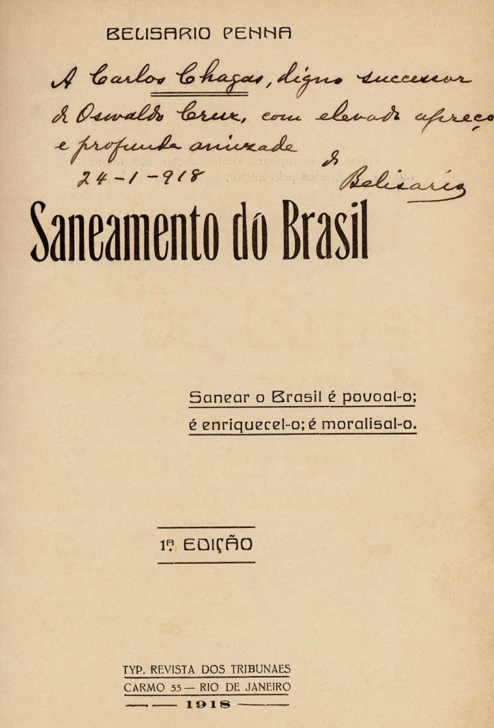 Capa de Saneamento do Brasil, livro de Belisário Penna, com dedicatória a Carlos Chagas. 