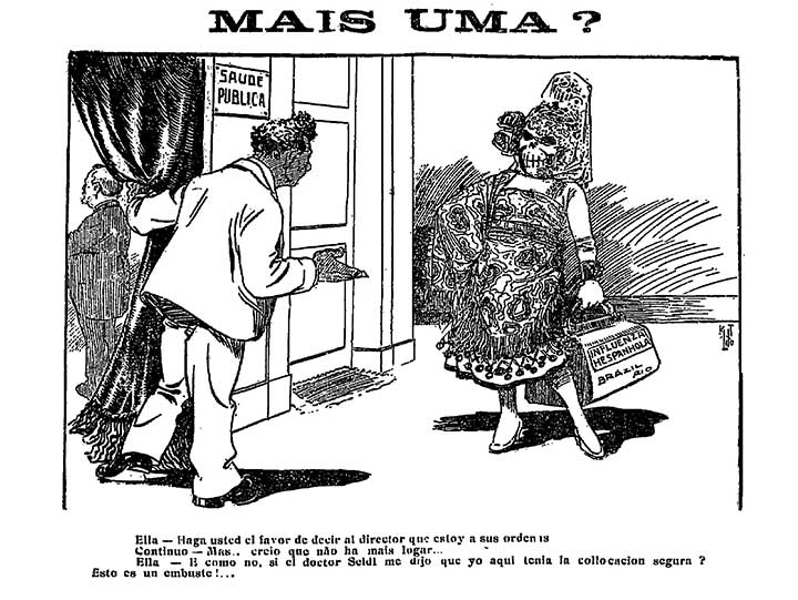 Charge alusiva à chegada da gripe espanhola no Brasil.