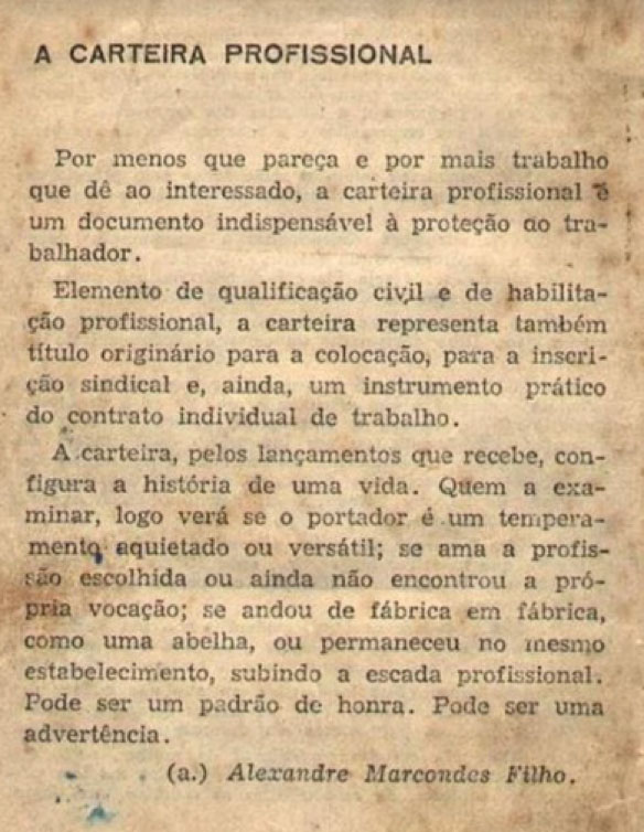 Imagem da carteira de trabalho com mensagem do Ministro do Trabalho Alexandre Marcondes Filho.