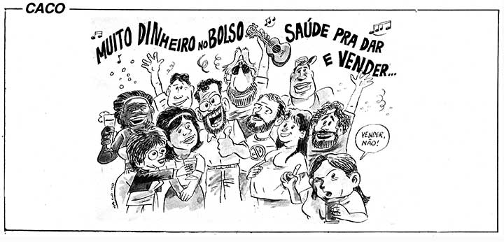 Charge de Carlos Xavier (Caco) satirizando o crescimento da saúde privada no Brasil. Proposta: Jornal da Reforma Sanitária, n. 25, jan. 1991