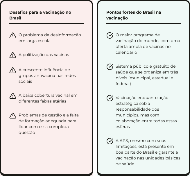 Quadro comparativo de desafios e pontos fortes da vacinação no Brasil