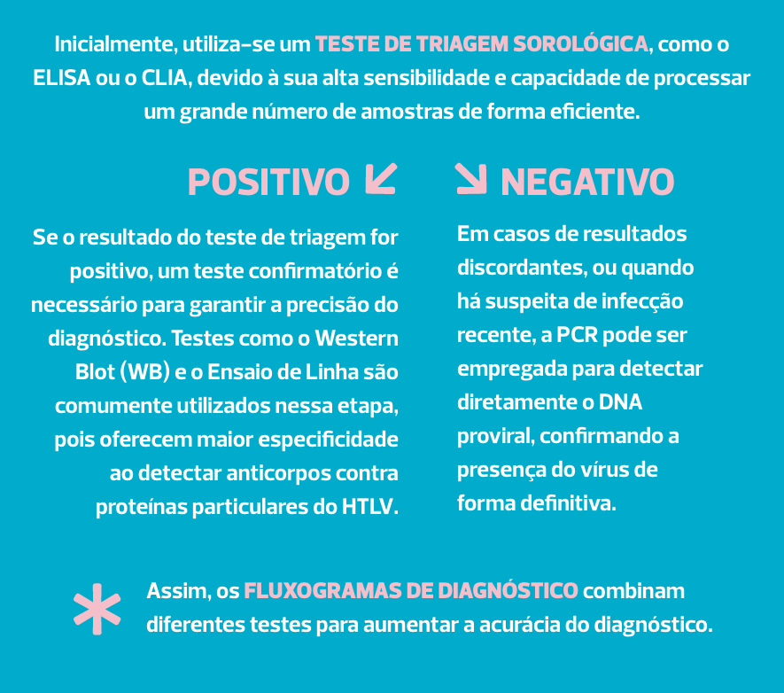 Inicialmente, utiliza-se um teste de triagem sorológica, como o ELISA ou o CLIA, devido à sua alta sensibilidade e capacidade de processar um grande número de amostras de forma eficiente. Positivo: Se o resultado do teste de triagem for positivo, um teste confirmatório é necessário para garantir a precisão do diagnóstico. Testes como o Western Blot (WB) e o Ensaio de Linha são comumente utilizados nessa etapa, pois oferecem maior especificidade ao detectar anticorpos contra proteínas particulares do HTLV. Negativo: Em casos de resultados discordantes, ou quando há suspeita de infecção recente, a PCR pode ser empregada para detectar diretamente o DNA proviral, confirmando a presença do vírus de forma definitiva. Assim, os fluxogramas de diagnóstico combinam diferentes testes para aumentar a acurácia do diagnóstico.