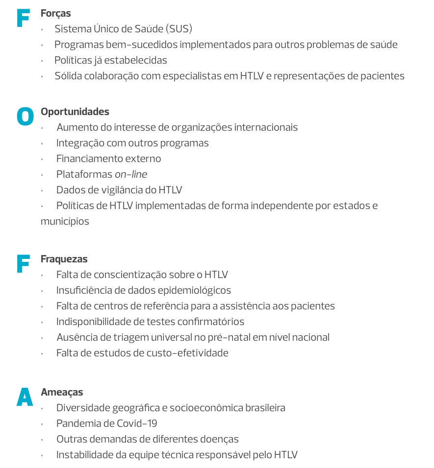 Forças: Sistema Único de Saúde (SUS); Programas bem-sucedidos implementados para outros problemas de saúde; Políticas já estabelecidas; Sólida colaboração com especialistas em HTLV e representações de pacientes. Oportunidades: Aumento do interesse de organizações internacionais; Integração com outros programas; Financiamento externo; Plataformas on-line; Dados de vigilância do HTLV;  Políticas de HTLV implementadas de forma independente por estados e municípios. Fraquezas: Falta de conscientização sobre o HTLV; Insuficiência de dados epidemiológicos; Falta de centros de referência para a assistência aos pacientes; Indisponibilidade de testes confirmatórios; Ausência de triagem universal no pré-natal em nível nacional; Falta de estudos de custo-efetividade. Ameaças: Diversidade geográfica e socioeconômica brasileira; Pandemia de Covid-19; Outras demandas de diferentes doenças; Instabilidade da equipe técnica responsável pelo HTLV.