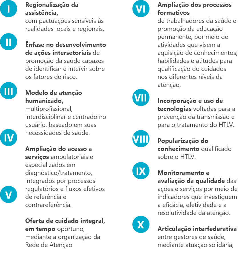 I - Regionalização da assistência, com pactuações sensíveis às realidades locais e regionais. II - Ênfase no desenvolvimento de ações intersetoriais de promoção da saúde capazes de identificar e intervir sobre os fatores de risco. III - Modelo de atenção humanizado, multiprofissional, interdisciplinar e centrado no usuário, baseado em suas necessidades de saúde. IV - Ampliação do acesso a serviços ambulatoriais e especializados em diagnóstico/tratamento, integrados por processos regulatórios e fluxos efetivos de referência e contrareferência. V - Oferta de cuidado integral, em tempo oportuno, mediante a organização da Rede de Atenção regionalizada e descentralizada com pontos de atenção integrados, observando-se critérios de acesso, escala e escopo. VI - Ampliação dos processos formativos de trabalhadores da saúde e promoção da educação permanente, por meio de atividades que visem a aquisição de conhecimentos, habilidades e atitudes para qualificação do cuidados nos diferentes níveis da atenção. VII - incorporação e uso de tecnologias voltadas para a prevenção da transmissão e para o tratamento do HTLV. VIII - Popularização do conhecimento qualificado sobre o HTLV. IX - Monitoramento e avaliação da qualidade das ações e serviços por meio de indicadores que investiguem a eficácia, efetividade e a resolutividade da atenção. X - Articulação interfederativa entre gestores de saúde, mediante atuação solidária, responsável e compartilhada.