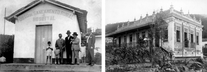 Duas fotos em preto e branco, na primeira imagem há um grupo de quatro homens de terno e três crianças em frente a uma casa, nela está escrito: Posto de saneamento rural e hospital. Na segunda imagem uma casa grande com diversas janelas e jardim, há pessoas na varada.