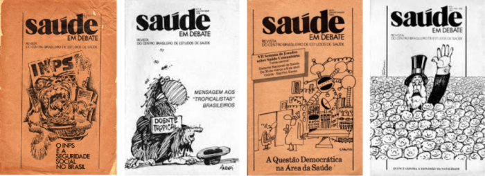 Quatro capas da revista “Saúde em debate”, a primeira capa é uma charge de um prédio com o nome INPS com olhos e boca, ele tem dois braços e está se alimentando de folhas de papel que está na sua frente, ao redor do prédio uma fila com várias pessoas. A segunda capa é a charge de um homem sentado no chão com uma placa no pescoço escrito: “Doente tropical”, na sua frente um chapéu virado de cabeça para baixo, há moscas voando na sua cabeça. A terceira capa é uma charge de um médico abrindo a porta para uma pessoa com braço quebrado, atrás deles há vários objetos tecnológicos, uma antena e uma mesa. A última capa é uma charge de várias pessoas e um senhor com barba no meio delas, ele usa terno, chapéu e está com uma mão levantada, a expressão no seu rosto é de quem está pedindo socorro.