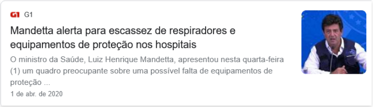 Imagem da notícia Mandetta alerta para escassez de respiradores e equipamentos de proteção nos hospitais