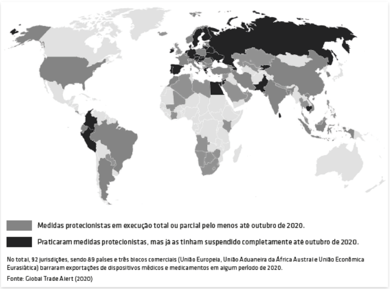 Mapa do bloqueio das exportações de bens e produtos essenciais para o combate à pandemia. No mapa à dois tons de cinza, o mais claro são os que praticaram as medidas protecionistas em execução total ou parcial pelo menos até outubro de 2020, e o cinza mais escuro são os que praticaram medidas protecionistas, mas já as tinham suspendido completamente até outubro de 2020. No total 9,2 jurisdições, sendo 89 países e três blocos comerciais (União Europeia, União Aduaneira da África Austral e União Econômica Eurasiática) barraram exportações de dispositivos médicos e medicamentos em algum período de 2020.