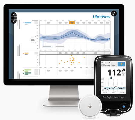 Imagem gráfica de um computador com um gráfico de linhas e um medidor de glicose ao lado do computador.