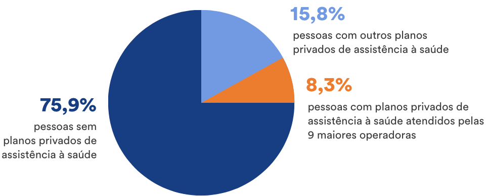 Gráfico de pizza sobre a distribuição dos planos de assistência à saúde, 75,9% das pessoas não possuem planos privados de assistência à saúde, 15,8% das pessoas possuem planos privados de assistência à saúde e 8,3% das pessoas com planos privados de assistência à saúde são atendidos pelas 9 maiores operadoras.