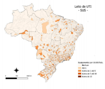 Três gráficos de mapa, da Distribuição dos Leitos de UTI por 10.000 habitantes No Brasil, o primeiro é o leito de UTI no SUS em referência à população exclusivamente dependente do SUS, o segundo é na saúde suplementar em referência à população de clientes de planos de saúde e o terceiro mapa são equipamentos disponíveis no SUS e saúde suplementar em relação à população total.