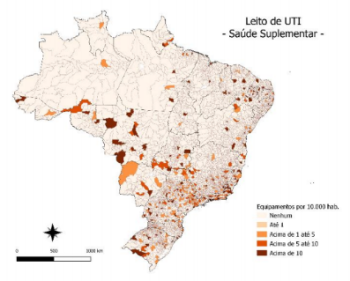 Três gráficos de mapa, da Distribuição dos Leitos de UTI por 10.000 habitantes No Brasil, o primeiro é o leito de UTI no SUS em referência à população exclusivamente dependente do SUS, o segundo é na saúde suplementar em referência à população de clientes de planos de saúde e o terceiro mapa são equipamentos disponíveis no SUS e saúde suplementar em relação à população total.