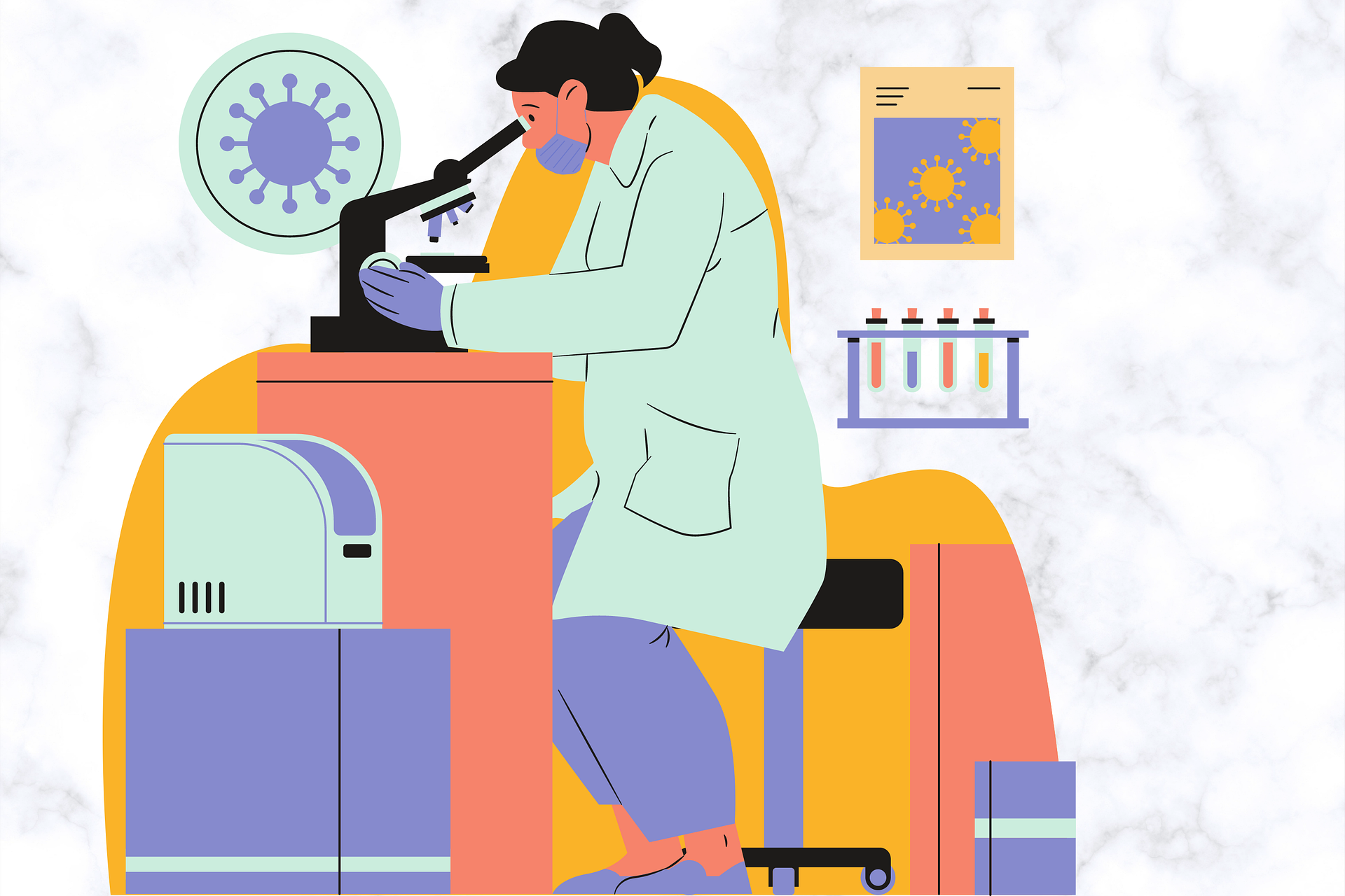 ilustração de pesquisadora sentada na bancada do laboratório manuseando o miscroscópio e outros equipamentos