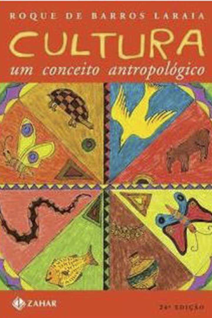 Capa do livro: 'Cultura: um conceito Antropológico'. O nome do autor é Roque de Barros Laraia. A cor da capa é vermelha. Ao centro, a capa é ocupada por uma ilustração de um círculo seccionado em oito partes iguais. Cada parte possui uma cor e a ilustração de um animal em estilos gráficos variados. No canto inferior esquerdo há o logotipo da Editora Zahar.