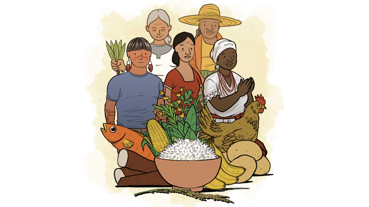 A imagem mostra um grupo de pessoas diversas, incluindo indígenas, afrodescendentes e agricultores, com alimentos como peixe, arroz, milho, banana e mandioca, representando a agricultura e a cultura alimentar.