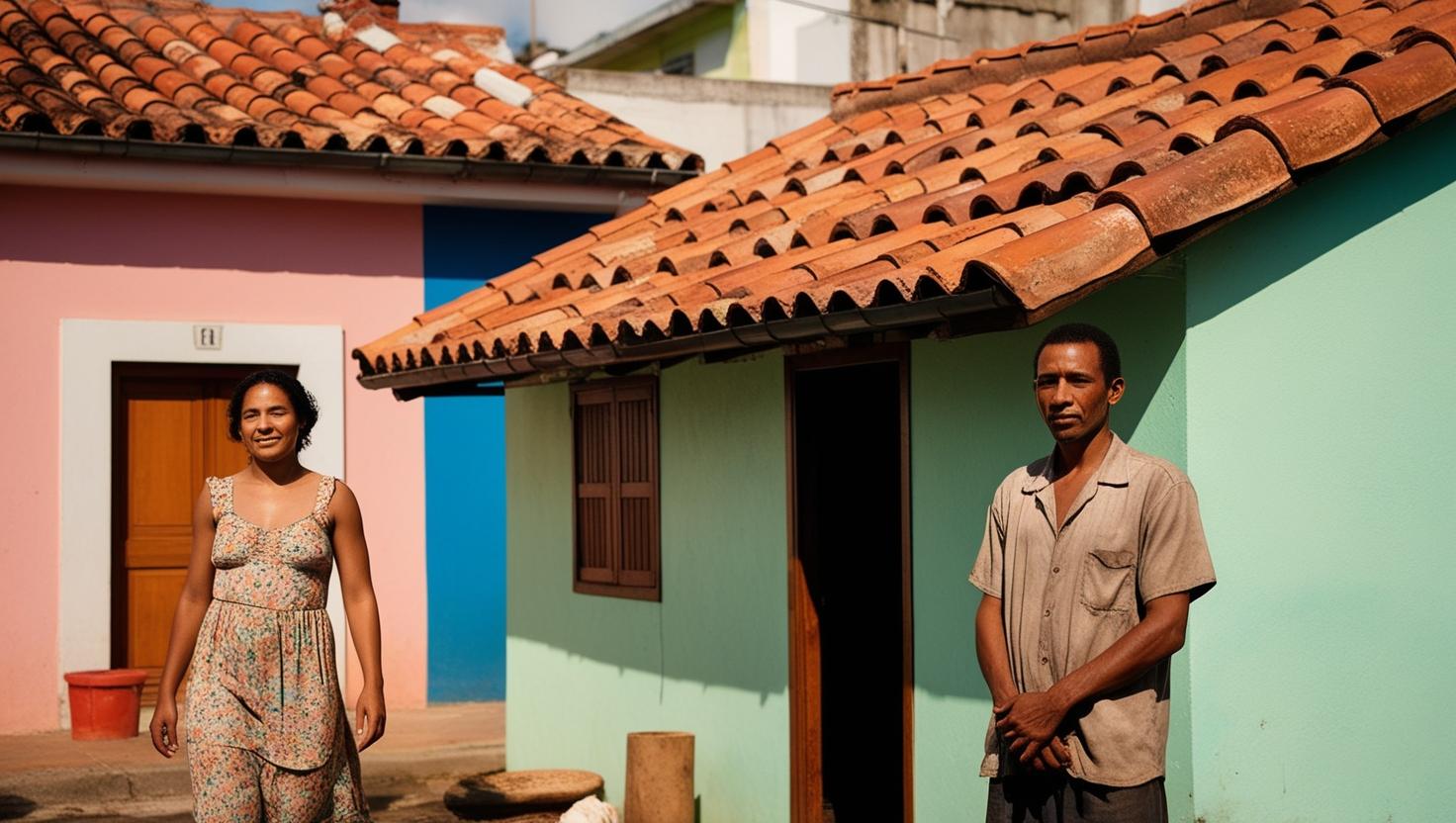 Imagem de uma mulher parda, com cabelos escuros presos, usa um vestido, ela está no canto esquerdo da imagem, no canto direito há um homem pardo com cabelos escuros, ele usa uma camisa de gola e botão e segura as suas mãos, eles estão em frente a duas casas de paredes claras, com portas de madeira e telhado de telha.