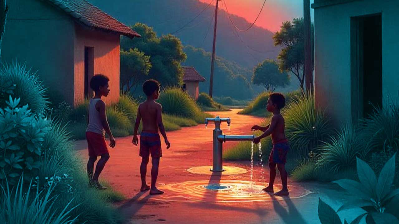 Imagem de uma comunidade rural, com algumas casas e árvores, há uma luz alaranjada no céu, no centro da imagem há três meninos negros, e a saída de água de um sistema de abastecimento, uma das crianças molha as mãos, no chão há com uma grande poça de água. Embaixo da imagem está escrito: Imagine uma comunidade rural de um pequeno município, na qual um sistema de abastecimento de água foi instalado.