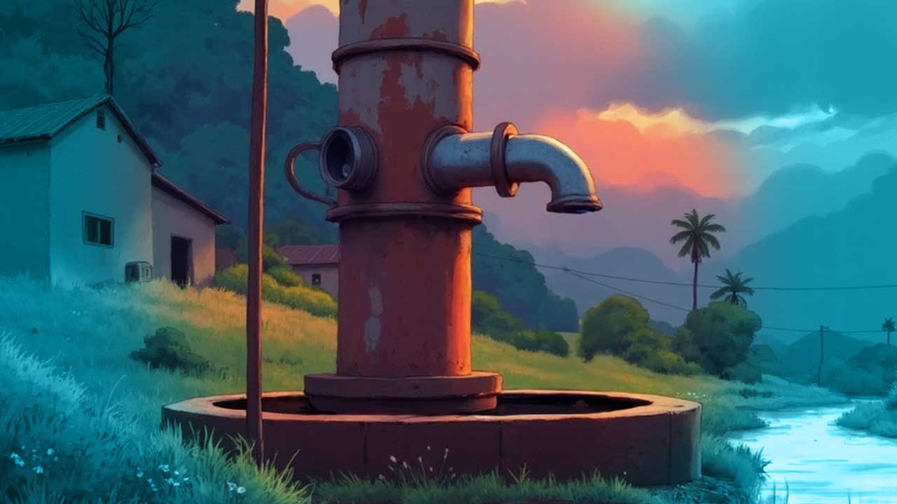 Imagem em que o foco está em uma torneira, ela está ligada a uma tubulação que sai de um poço. No fundo da imagem do lado esquerdo há casas e árvores, do lado direito há um rio e coqueiros, o céu está nublado. Embaixo da imagem está escrito: Alguns anos depois a bomba quebrou porque não houve manutenção preventiva. A prefeitura não providenciou uma bomba reserva nem comprou uma nova rapidamente. Com isso, o sistema deixou de funcionar e a população ficou sem água encanada e potável.