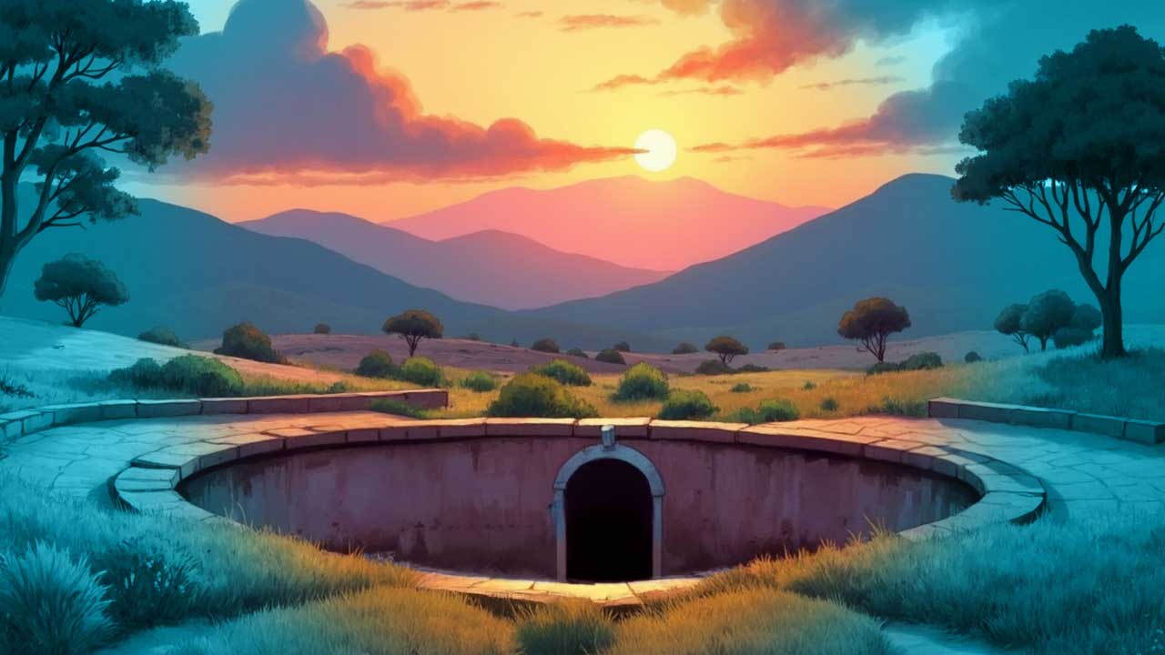 Imagem de um reservatório de água vazio e enferrujado, ao redor há grama, ao fundo algumas árvores, montanhas e o Sol no pico da montanha com algumas nuvens ao lado. Embaixo da imagem está escrito: Sem a operação do sistema, partes do equipamento, como o quadro de comando, foram roubadas. Agora, consertar ou comprar uma nova bomba ficou mais difícil, e a situação não mudou por anos. O que sobrou do sistema foram algumas tubulações enterradas e um reservatório enferrujado.