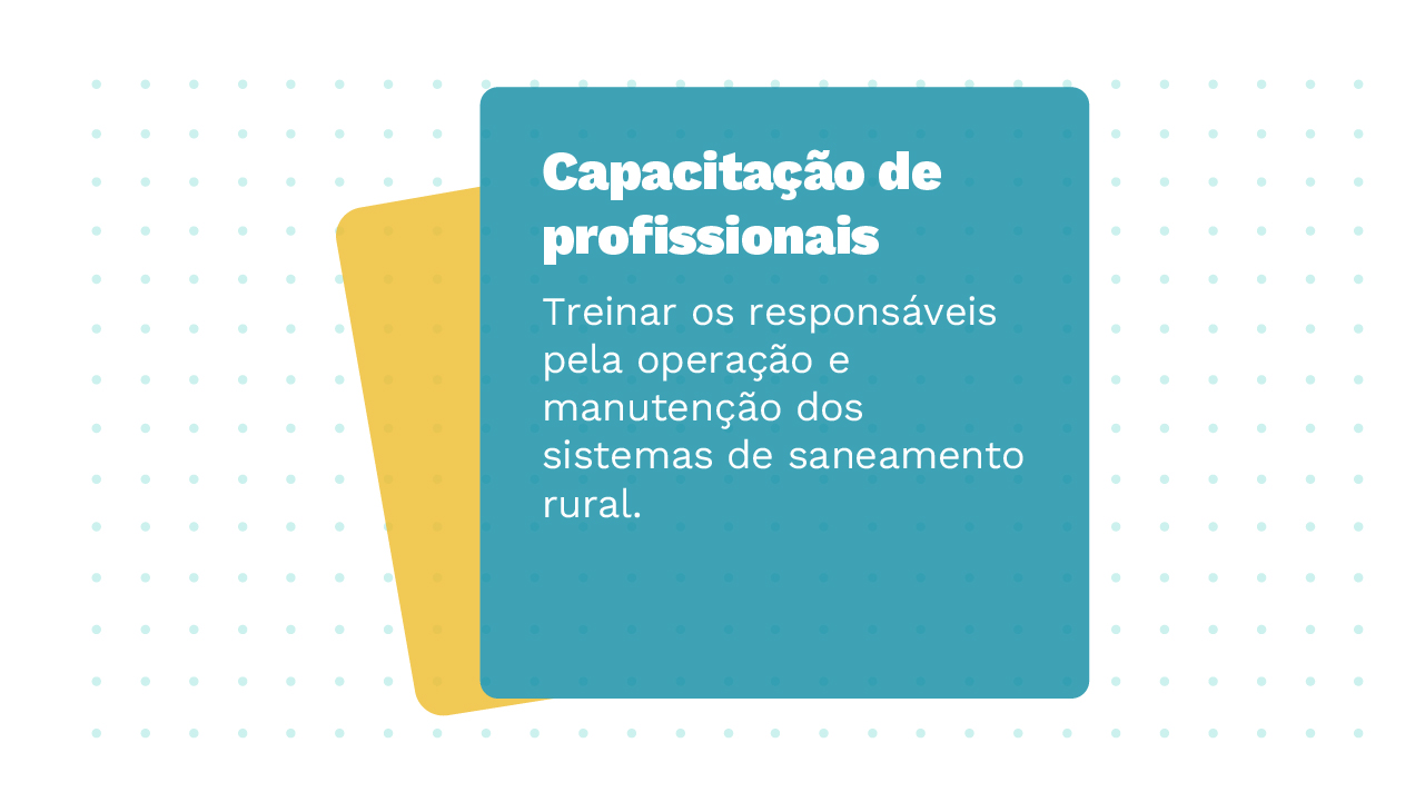 Imagem de dois Cards sobrepostos, o primeiro possui a informação: Capacitação de profissionais – treinar os responsáveis pela operação e manutenção dos sistemas de saneamento rural.