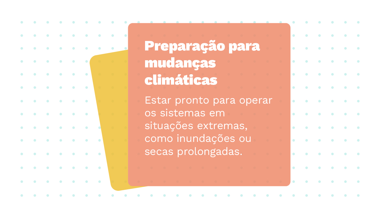 Imagem de dois Cards sobrepostos, o primeiro possui a informação: Preparação para mudanças climáticas – Estar pronto para operar os sistemas em situações extremas, como inundações ou secas prolongadas.