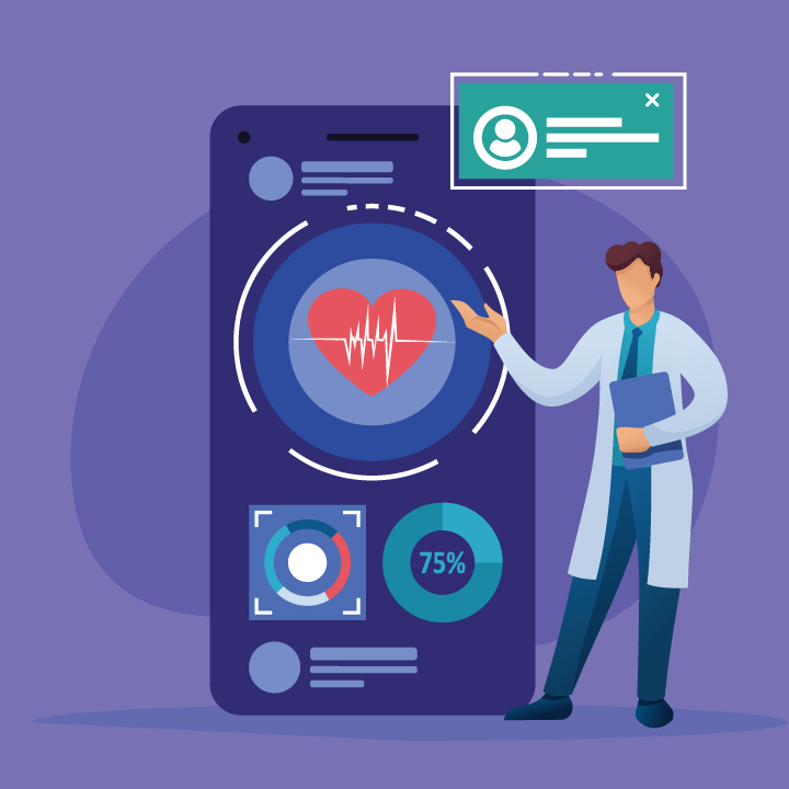 Ilustração de um profissional da saúde apontando para um painel simbolizando gráficos e dados de pacientes em um prontuário eletrônico. 