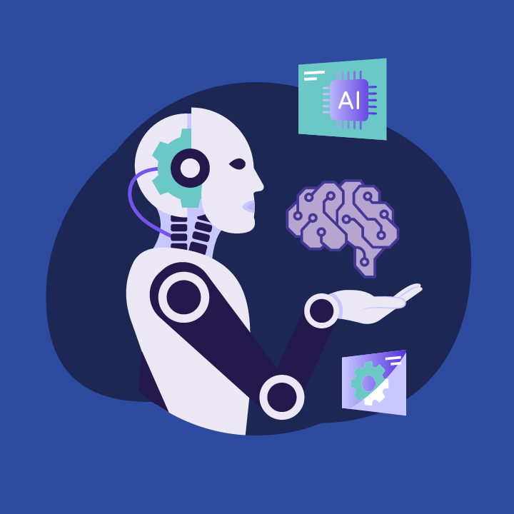 Ilustração de um robô, com formato humanoide, segurando um cérebro eletrônico e um chip de Inteligência Artificial. 