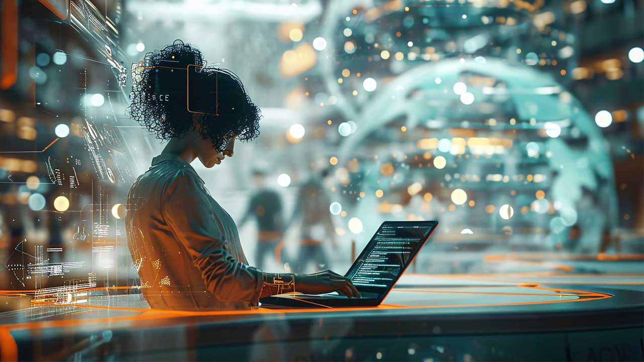 Fonte: Freepik Fotografia de uma mulher de perfil com o cabelo preso, usando um notebook.