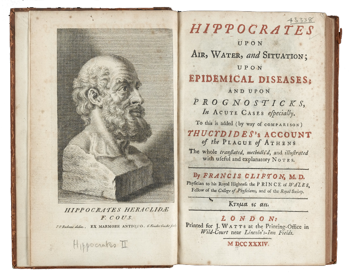 Gravura de um busto do médico grego Hipócrates e a folha de rosto de sua obra, 'Sobre os Ares, Águas e Lugares...'' Gravura do século XVIII.